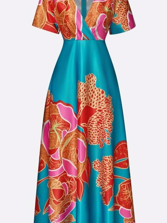 Dresses & Skirts - Turquoise Floral V-Neck Maxi Dress